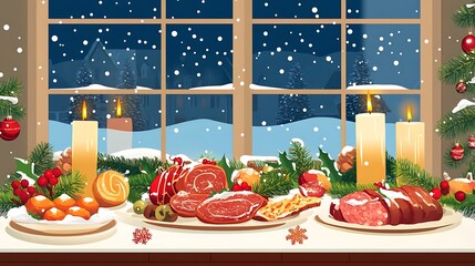 Festive Christmas Eve dinner window view.