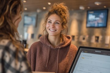 Smiling woman in fuzzy hooded sweatshirt interacts with staff member while checking in at upscale accommodations