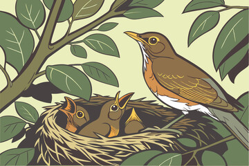 63 detailed nest surrounded by lush foliage, close-up shot of a nest with baby birds and parent bird, crisp focus, photorealistic, natural lighting, vibrant colors, depth of field