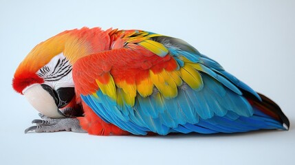 Obraz premium Macaw sleeping peacefully on white background, head tucked under wing, colorful plumage creating a striking contrast against the pure white