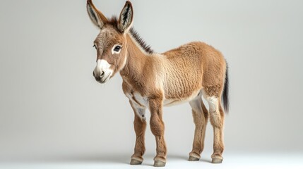 Adorable donkey standing on a white background, looking curious with ears perked up, soft lighting, high detail, natural expression, cute and friendly vibe