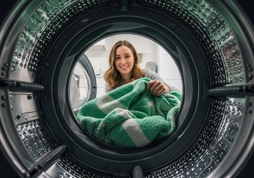 Woman loading green blanket into washing machine, viewed from inside the drum
