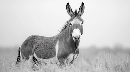 Obraz premium Black and white portrait of a donkey, high contrast, artistic monochrome, white background, dramatic lighting, timeless and elegant