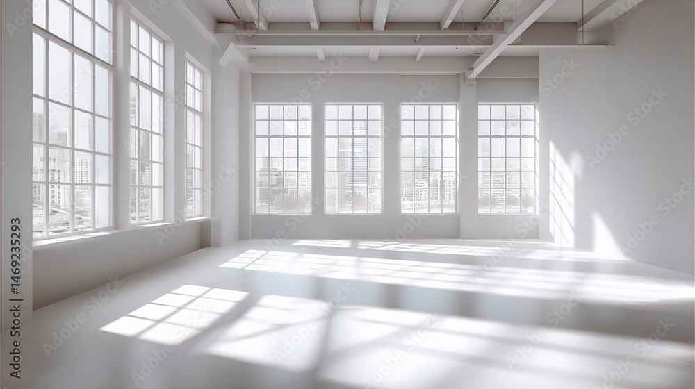 Poster bright white studio with windows and shadows on empty floor space