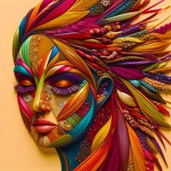 Naklejka premium Woven Ribbons & Threads Textured Portrait - Vibrant Textile Face Art 