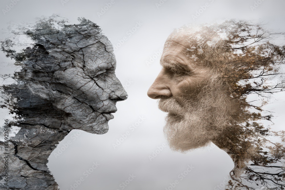 Poster two faces converging in a unique blend of human and nature showcasing the passage of time through th