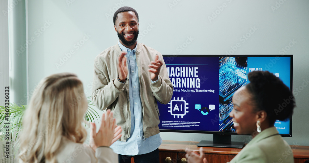 Poster applause, presentation and man with smile, celebration and training for machine learning and happy. 