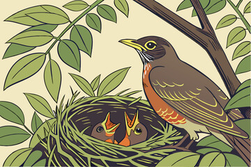 63 detailed nest surrounded by lush foliage, close-up shot of a nest with baby birds and parent bird, crisp focus, photorealistic, natural lighting, vibrant colors, depth of field
