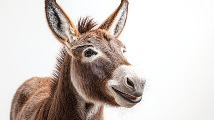 Obraz premium Donkey smiling with mouth slightly open, happy and cheerful demeanor, bright lighting, crisp details, isolated on clean white, endearing and joyful