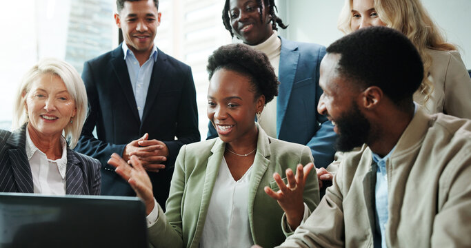 Business people, laptop and celebration for video call, collaboration and webinar in office. Smile, team and tech for online seminar, virtual meeting and introduction for international networking