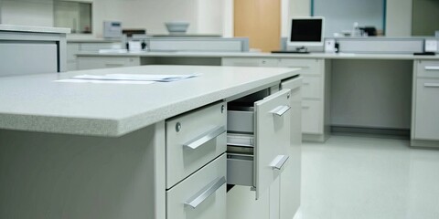 Modern, light gray office cabinetry with drawers