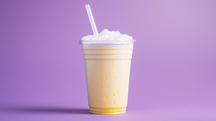 A vibrant plastic cup with a straw, filled with a refreshing summer juice or milkshake.

