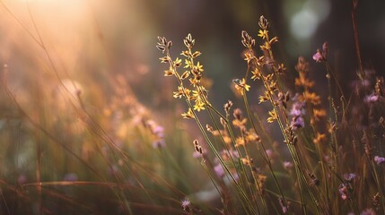 Warm Sunlit Summer Field With Soft Focus Wildflowers at Dusk