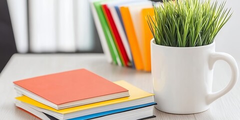 Fototapeta premium A stack of colorful books next to a white mug with grass and colorful folders on a white table