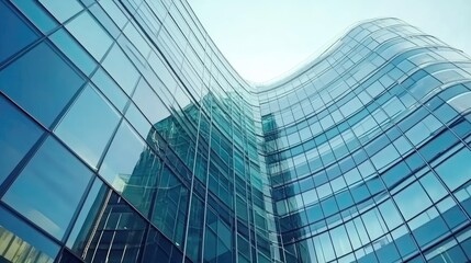 Fototapeta premium Modern glass building facade reflecting city skyline.