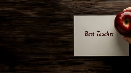 Close up of a best teacher card with an apple on a dark wooden surface in a horizontal image