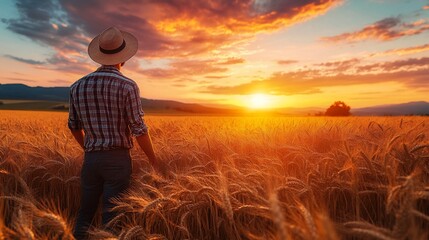 Fototapeta premium Farmer enjoying golden hour in a wheat field looking towards the horizon