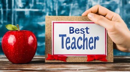 An apple and best teacher card held by a hand on a wooden surface with a blue background