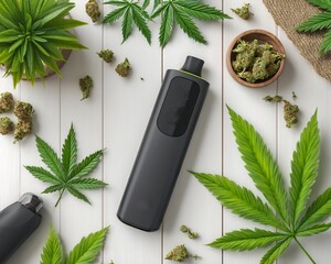 Medical marijuana vape pen kit sleek packaging dosage chart and THC percentage on white table