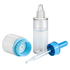 "Clear Plastic Dropper Bottle with Blue & White Cap: Single Drop of Liquid Dispensed for Precise Application"