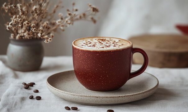 Maroon ceramic coffee cup with foamy top on matte saucer against neutral surface highlighting soft lighting comfort mood warm tones and tasteful beverage presentation,
