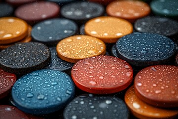 Close-up view of many colorful round objects with water droplets.