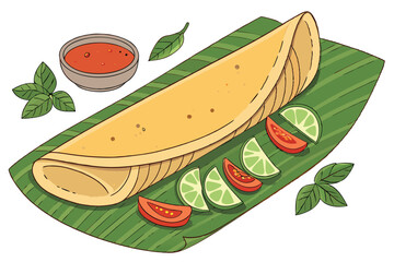 65 dosa on banana leaves, mint leaves, lime wedge, spicy sauce, flat bread, vegetables, food, indian, south asian, vibrant, detailed
