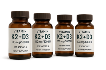 Four bottles of vitamin K2+D3 supplements, each containing 100 mcg/5000 IU and 120 softgels. Concept Vitamin K2+D3 Supplements, Dosage 100 mcg/5000 IU, 120 Softgels per Bottle, Four Bottle Supply
