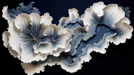 A beautiful design featuring a shrunk white and blue flower on a dark background, elegant concept.

