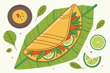 65 dosa on banana leaves, mint leaves, lime wedge, spicy sauce, flat bread, vegetables, food, indian, south asian, vibrant, detailed