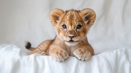Fototapeta premium Adorable lion cub sitting on a white backdrop, big curious eyes, fluffy fur, playful expression, soft lighting, ultra-detailed, heartwarming vibe