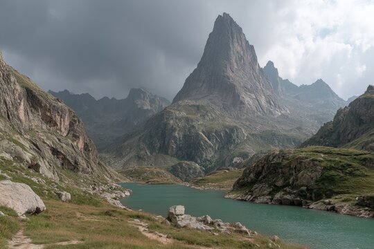 Majestic mountains surrounding a serene turquoise lake under cloudy skies.