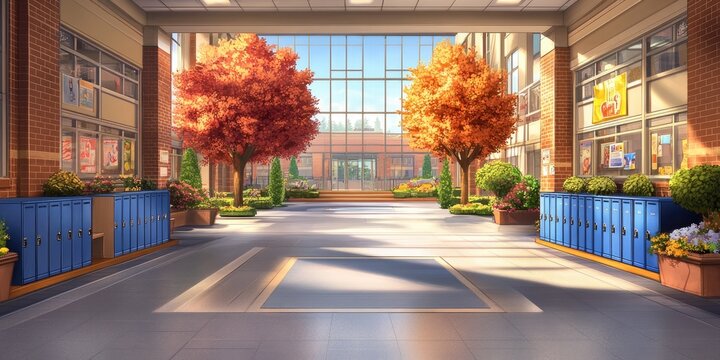 Bright school hallway with fall colors