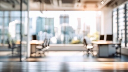 Bright Blurred Office View Through Window with City Reflections