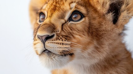 Obraz premium Fluffy lion cub with head tilted, curious and sweet, bright white backdrop, crisp details, charming and engaging personality