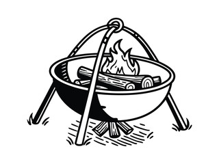 Fototapeta premium Fire Pit on three legs. Symbol of making campfire outdoors and traveling. Diwali festival icon. Line art round bonfire bowl. Black illustration for camping. Contour isolated vector on white background