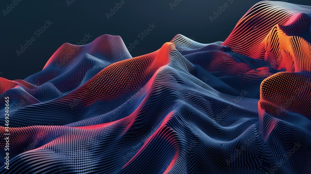 Poster swirling picture of red ray and blue light sparkling particles scattered across a space background, 
