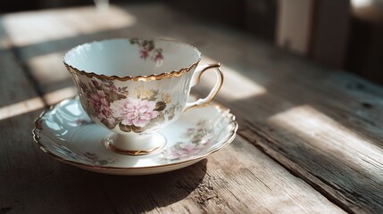 Fototapeta premium Elegant Delicate Tea Cup with Matching Saucer on Wooden Table