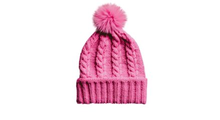 Png of A vibrant pink knitted beanie with a fluffy pompom, ideal for keeping warm in style during winter.