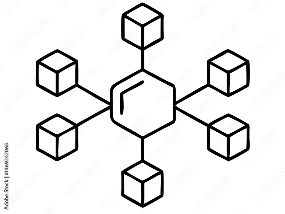 Poster black silhouette blockchain network icon representing decentralized digital transactions