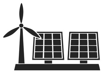 Black renewable energy icon with wind turbine and solar panel array design