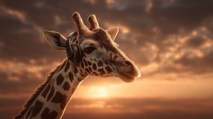Obraz premium Giraffe Listening to Music with Headphones in Beautiful Sunset Scene