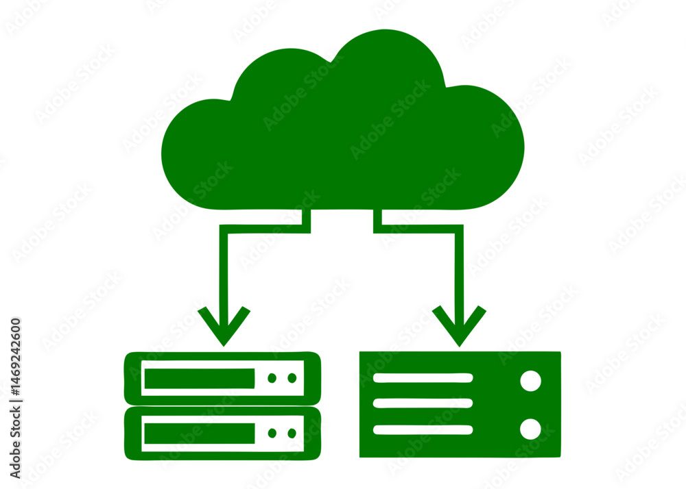 Poster cloud computing concept demonstrating data transfer between cloud and server infrastructure