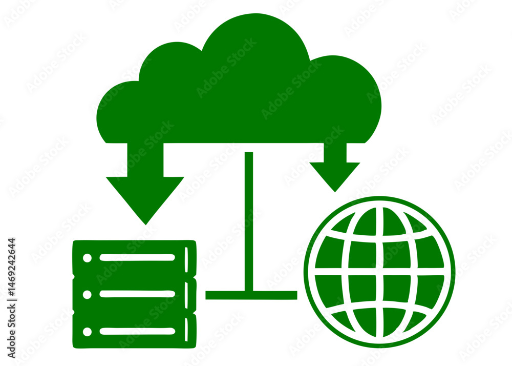Poster cloud computing concept represented with servers and global data transfer illustration