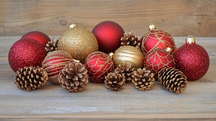Festive christmas ornaments with shimmering detail, on wooden surface background