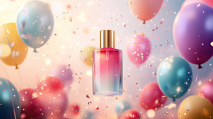 Perfume bottle floats in air. Colorful balloons and confetti surround a glass container with gold top AI generative
