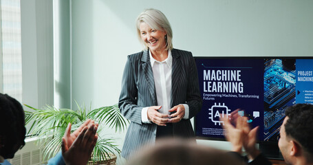 Applause, presentation and woman with smile, boardroom and training for machine learning and happy....