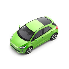 Modern green compact car isolated on white background, aerial view