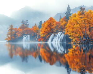 Obraz premium Autumnal landscape reflecting in a serene lake.