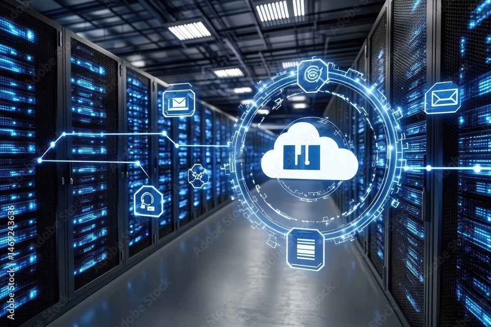 Poster server room with cloud computing overlay